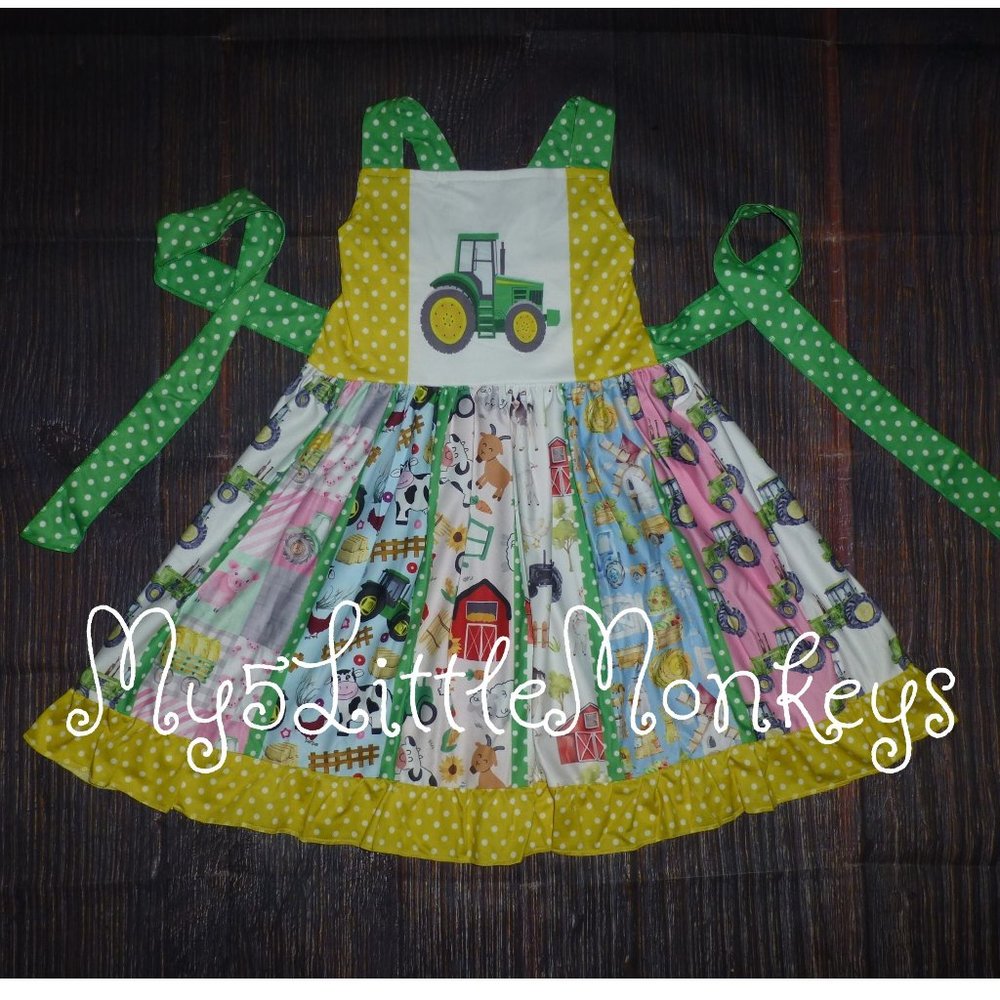Boutique Farm Tractor Animals Girls Sleeveless Panel Twirl Dress